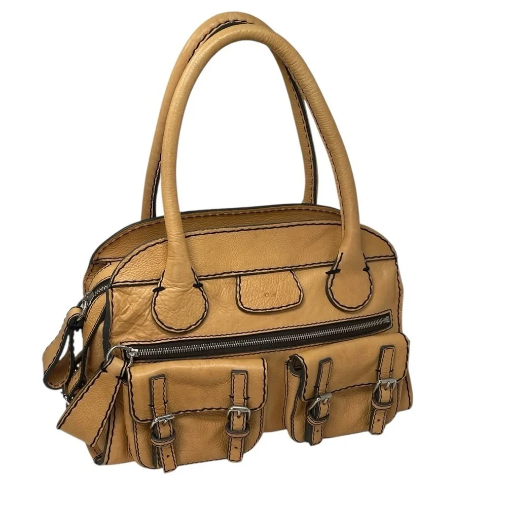 CHLOE Satchel Tote Purse Camel Brown Leather Buttery Pebbled Leather Luxury